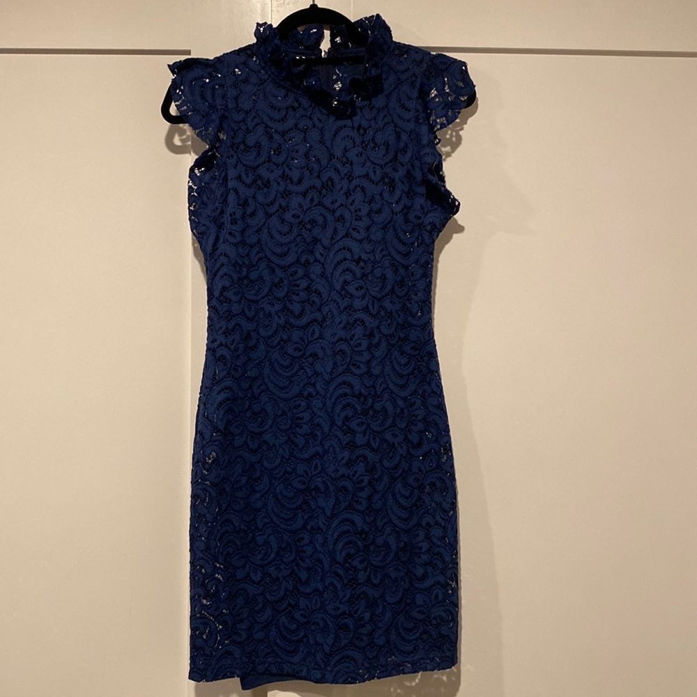 Navy Sleeveless Lace Floral Elegant Dress Crew Neck Knee Length